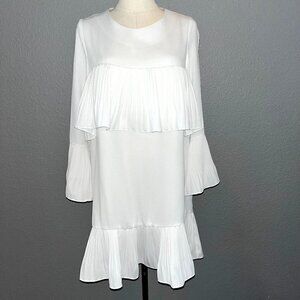 HAILEY Multi Layer Pleated Ruffle Long Sleeve White Crepe Chandelier Dress EUC M